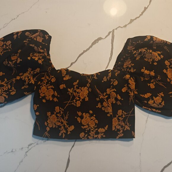 Black Floral Puff Sleeve Crop Top – Square Neck Romantic Cottagecore Size S - Picture 3 of 10